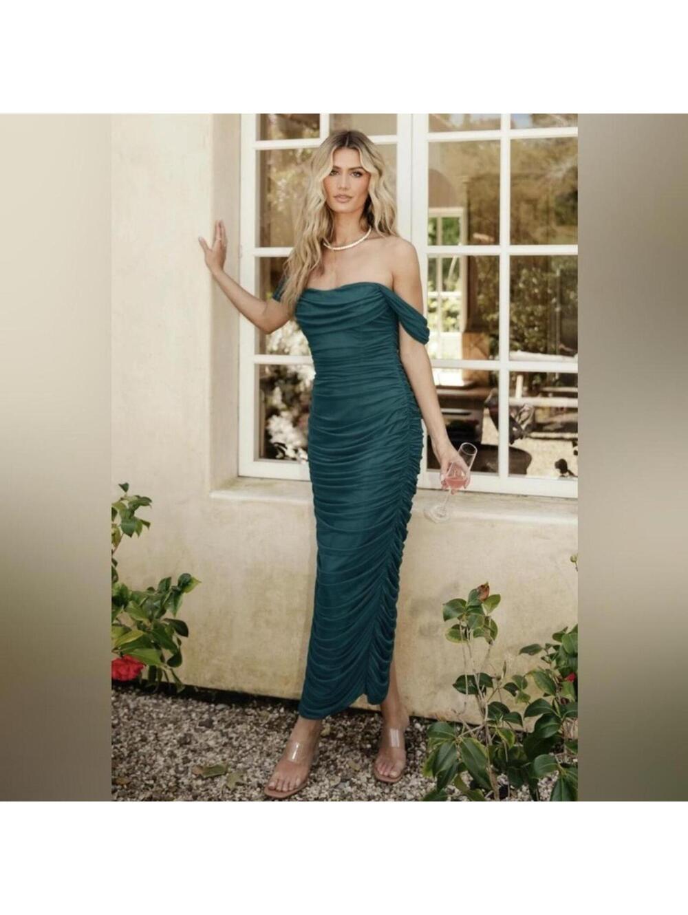 Baltic Born Alessandra Mesh Midi Dress in peacock green formal wedding guest NWT